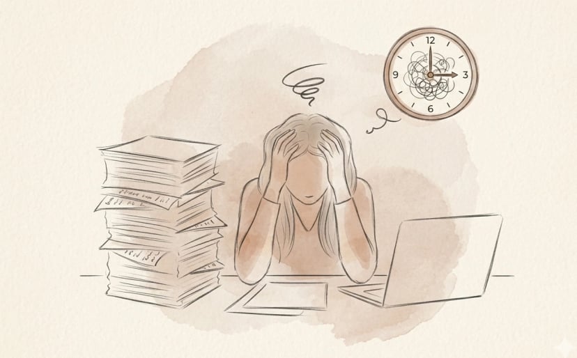 Überforderte Selbstständige am Schreibtisch zwischen Aktenstapel, Laptop und tickender Uhr